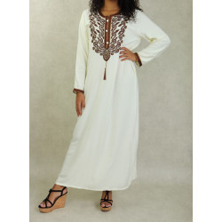 Long embroidered oriental style dress for women - Off-white colour