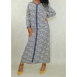Robe femme fleurie manches longues style djellaba marocaine - Couleur Bleu marine