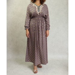 Robe fluide avec motifs dorés broderies et pompons pour femme - Couleur Taupe