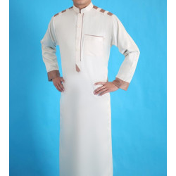 Qamis homme satiné moderne de luxe - Couleur blanc cassé et marron