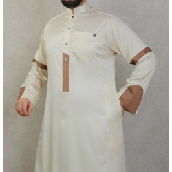Qamis satiné moderne de luxe - Couleur blanc cassé et marron