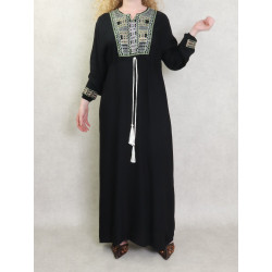 Robe femme moderne brodée avec un lien à la taille - Noir