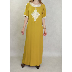 Robe tunisienne manches courtes avec broderies - Couleur vert jaune