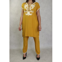 Jabador femme avec broderies - Deux pièces tunique et pantalon - Couleur moutarde