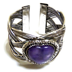Adjustable cuff bracelet in chiseled silver metal adorned with purple stone in the...
