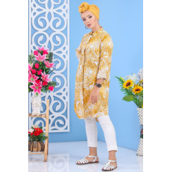 Long shirt 100% cotton with "tropical" patterns in mustard yellow color