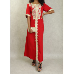 Robe style algérien entièrement brodée manches courtes pour femme - Couleur Rouge