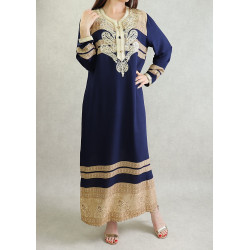 Robe orientale longue avec broderies et strass - Couleur Bleu marine