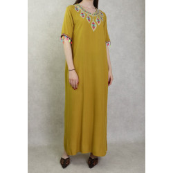 Fluid and comfortable long dress with embroidery and strass for women-Mustard color