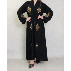Robe Abaya Dubaï noire de qualité avec ceinture de serrage interne, strass et...