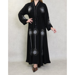 Robe Abaya ample Dubaï noire de qualité avec lien de serrage et nombreuses broderies et...