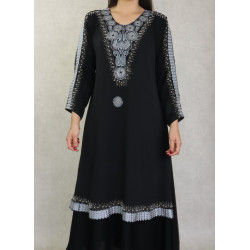 Robe de soirée Abaya Dubaï noire de qualité avec broderie perles et strass argentés