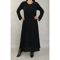 Robe Abaya Dubaï noire de qualité avec broderie et strass dorés et ceinture interne