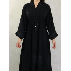Robe Abaya Dubaï noire ample de qualité avec ceinture interne strass et broderies