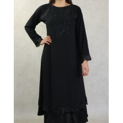 Robe Abaya Dubaï noire de qualité strass et dentelle noires