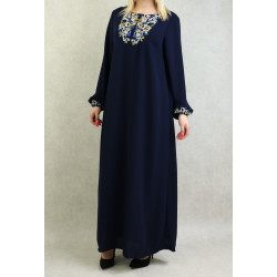 Robe manches longues avec broderie pour femme - Couleur bleu marine