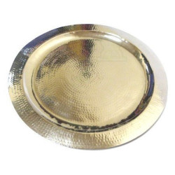 Grand plateau marocain rond de fabrication artisanale en métal argenté cerclé et...