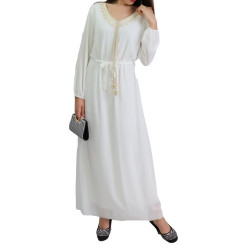 Robe maxi-longue fluide avec cordons à pompons pour femme - Couleur Blanc