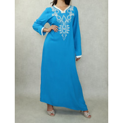 Robe orientale longue avec belles broderies en coton pour femme - Couleur Bleu