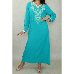 Robe orientale longue en coton avec belles broderies pour femme - Couleur Vert émeraude