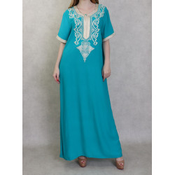 Robe longue orientale avec borderies en coton pour femme - Couleur Vert émeraude