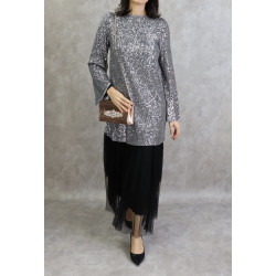 Tenue de soirée (Ensemble femme 2 pièces) à strass argentés et tulle - Couleur noir et...
