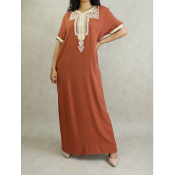 Moroccan summer dress short sleeves with embroidery - Rust color