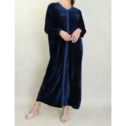 Robe arabe longue en velours avec broderie pour femme - Couleur Bleu marine