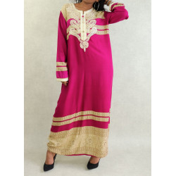 Robe orientale longue avec broderies et strass pour femme - Couleur Fuchsia