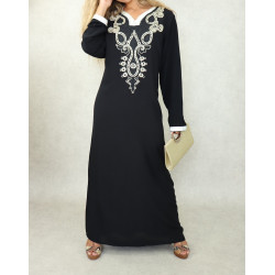 Robe orientale longue avec belles broderies en coton pour femme - Couleur Noir