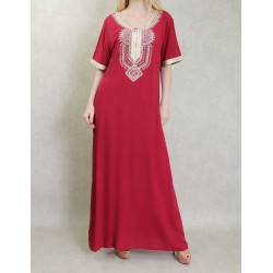 Comfortable and casual oriental dress with embroidery-burgundy color