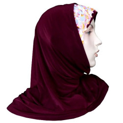 Hijab 2 pièces avec dentelle à motif en fleur (Grenat)