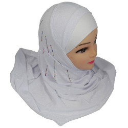Glittery white 1-piece hijab with multi-colored rhinestones
