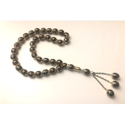 Chapelet noir 33 grosses perles - "Sabha" musulmane de luxe avec motifs dorés