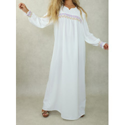 Long dress with colorful embroidery and pearls for women - White color