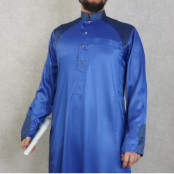 Qamis moderne de luxe tissu satiné pour homme - Couleur bleu