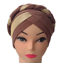 Bonnet hijab croisée à tresse pour femme - Couleur Marron clair