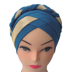Bonnet hijab croisée à tresse pour femme - Couleur Bleu vert