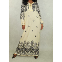 Robe orientale longue avec motifs noirs cachemire en coton pour femme - Couleur beige