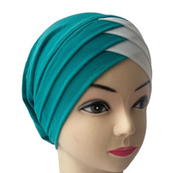 Turban bonnet croisé bicolore femme moderne - Couleur Vert et crème