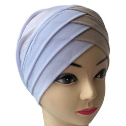 Turban bonnet croisé bicolore femme moderne - Couleur Blanc et beige