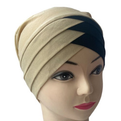 Turban bonnet croisé bicolore femme moderne - Couleur Sable et Noir