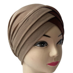 Turban bonnet croisé bicolore femme moderne - Couleur Taupe et marron foncé