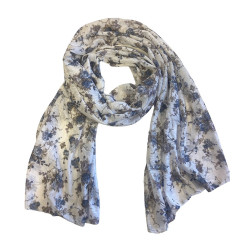 Châle Hijab à fleurs pour femme - Fleur bleu, gris et parme sur un fond blanc