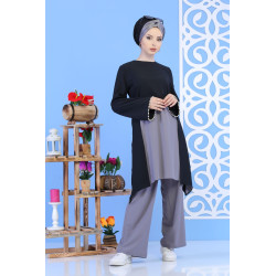 Ensemble perlé tunique + pantalon (Noir et gris/vert)