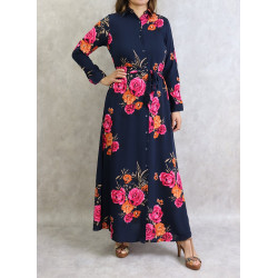 Robe longue fluide boutonnée à imprimés fleuris en viscose pour femme - Couleur bleu...