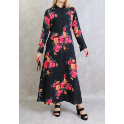 Robe longue boutonnée fluide fleurie en viscose pour femme - Couleur Noir