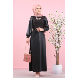 Leather faux dress (Muslim Fashion Boutique - Modest Fashion) - Black Color