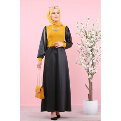 Women's faux-leather dress (Muslim Fashion online shop - Paris - France) - Black and...