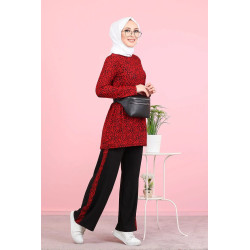 Casual tunic and trouser set (Veiled Woman Ensemble) - Black and red color